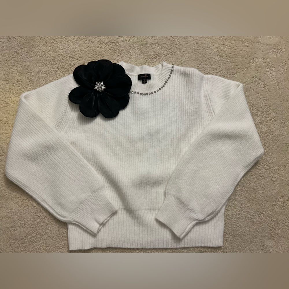 White Sweater with Black Floral Accent